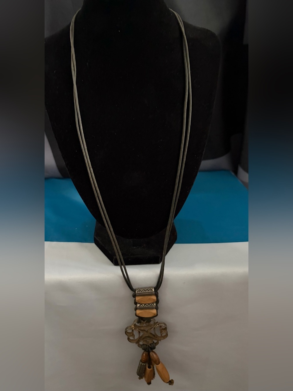 Boho Leather Cord Necklace with Wood and Metal Accents - Black and Tan